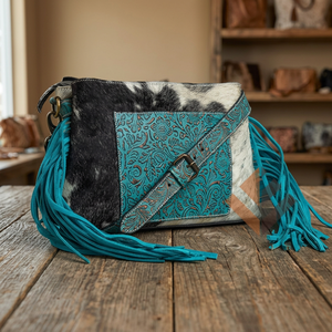 Sac à bandoulière bohème en cuir de vachette véritable avec franges à pompons turquoise, fermeture à boucle à sangle unique pour femme - Product Image 4