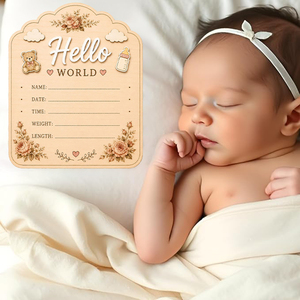 Uionen Panneau d'annonce de naissance en bois « Hello World » avec motif floral, plaque de suivi de la première année pour la décoration murale de la chambre de bébé - Product Image 1