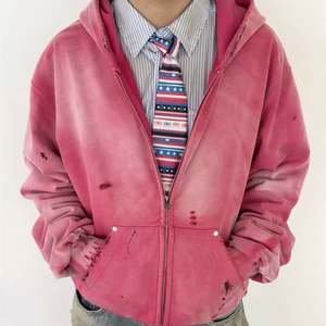 Custom <b>Vintage</b> Washed <b>Hoodie</b> Men Oversized French Terry <b>Zip</b> <b>up</b> Distressed <b>Hoodie</b> Manufacturer - Product Image 1