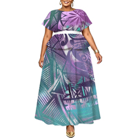 Gaun Pesta Elegan Puletasi Wanita Ukuran Besar Khusus, Motif Bunga Daun Etnik Pulau Pasifik, Lengan Pendek, Berlapis, Berpinggang Tinggi