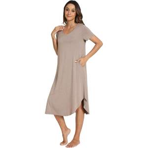 Camisón de viscosa de bambú para mujer, camisón de manga corta con cuello en V y bolsillos, camisón largo para dormir - Product Image 1