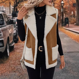Wholesale <strong>Women</strong> Lapel Faux Suede Shearling Vest, Sleeveless <strong>Sherpa</strong> Lined Loose Waistcoat Winter Outerwear <strong>Gilet</strong> - Product Image 3