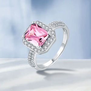 Anillos de compromiso de Zirconia cúbica rosa de alta calidad, diseño de <span class=keywords><strong>Halo</strong></span> de Plata de Ley 925, anillo de promesa de lujo con piedra CZ para mujer - Product Image 5
