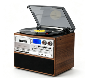 Centro de Música Vintage Todo en Uno Directo de Fábrica, Tocadiscos de 3 Velocidades, Reproductor de CD y Casete, Radio AM/FM, USB, AUX, Bluetooth con Pantalla - Product Image 1