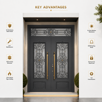 Porte d'entrée double moderne en verre médaillon et aluminium moulé, cadre 6063-T5, étanche, pour villa, appartement, hôtel