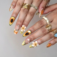 Ongles à presser en acrylique, motif fleur de papaye tropicale 3D, ligne dorée, perle, amande, options de logo personnalisables, certifiés CE, pour les vacances