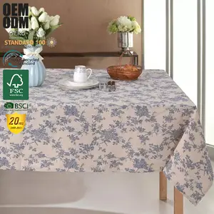 Kustom 6 Kaki Taplak Meja Linen Katun Persegi Panjang Polyester Taplak Meja Jacquard Bunga Taplak Meja untuk Jamuan Rumah