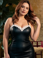 Robe moulante en similicuir noir grande taille avec bordure en dentelle blanche - Robe midi sexy à bretelles spaghetti pour femmes confiantes