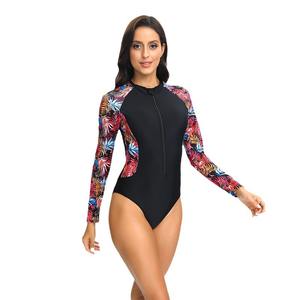 Combinaison de surf une pièce à manches longues pour femmes européennes et américaines Nouveau style Imprimé Fermeture éclair Triangle serré Bas Bikinis Vêtements de plage - Product Image 5