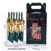 Ustensiles de Cuisine Manche en Plastique Alimentaire Acier Inoxydable 24 Pièces Ensemble Couteaux de Cuisine avec Support Boîte Cadeau pour Hôtellerie Restauration Steak
