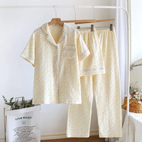 Ensemble pyjama trois pièces en pur coton pour femme, motif floral, respirant, lavable à la main, avec hauts à revers en satin à manches courtes et short à taille élastique, collection Printemps