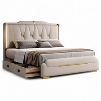 Luxuriöses Polsterbett mit Stauraum, LED-Kopfteil, Goldverzierung, Seitenschubladen, Queen/King Modernes Schlafzimmermöbel OEM ODM Bettsets