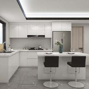 Cuisine moderne en contreplaqué modulaire avec finition blanche brillante, avec évier, personnalisable pour les appartements - Product Image 1