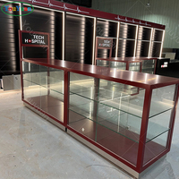 Hochwertige Glas-Handyhüllen-Vitrine für Einzelhandelsgeschäfte Telefonshop-Vitrine mit LED-Beleuchtung und Massivholz-Lamellenwand
