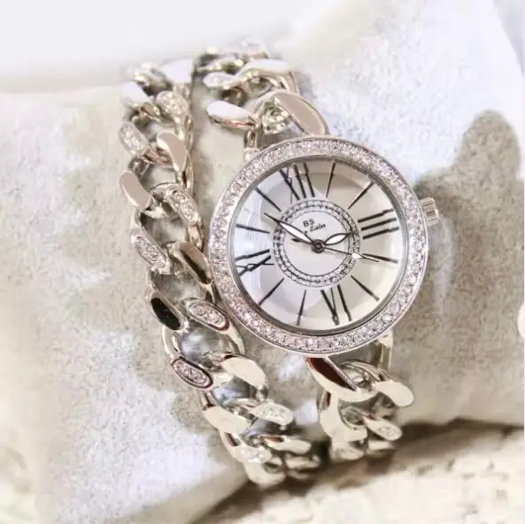 Relógio feminino de corrente dupla BS com strass romano cravejado de diamantes, relógio de luxo em aço 1329