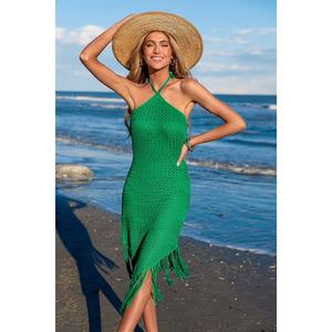 Muy vendido: Prenda de punto midi asimétrica sin espalda con flecos, cuello halter y bajo con lazo, tipo pareo - Product Image 4