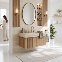 Set Kabinet Kamar Mandi Modern dengan Wastafel Keramik dan Cermin LED, Dilengkapi Penyimpanan Dinding untuk Hotel