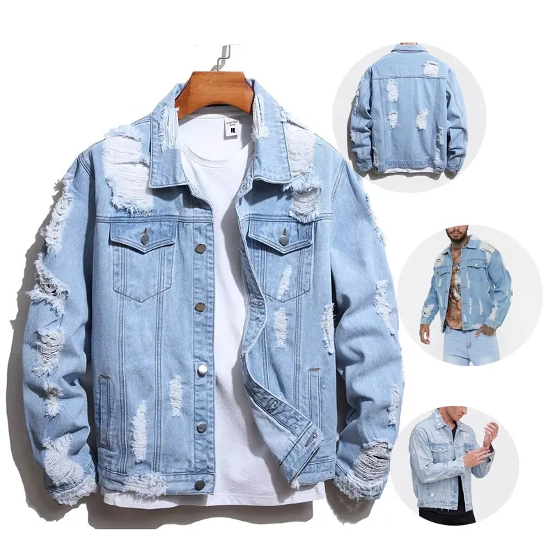 Wholesale fashion casual designer mens clothing spring fall cotton blue jean coat custom ripped denim men's jackets