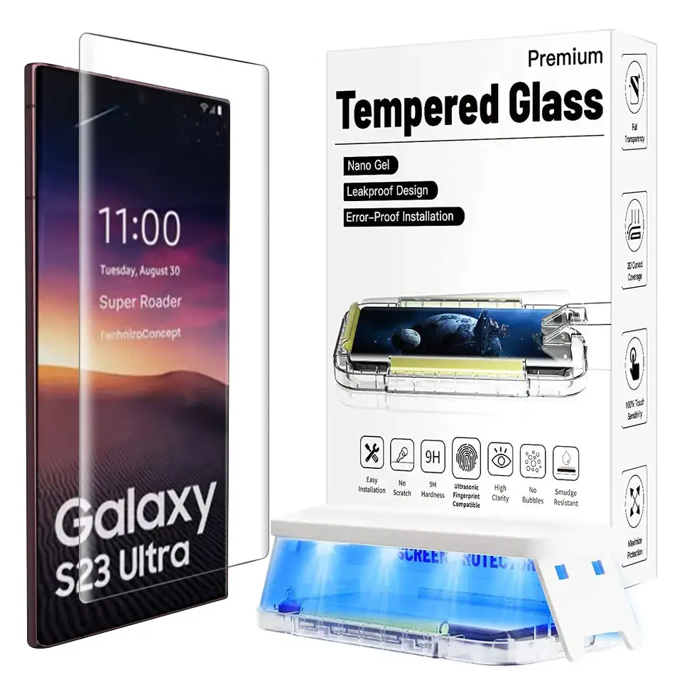Protector de pantalla 3D UV para Samsung Galaxy S23 S22 S21, protector de pantalla de vidrio ultra templado transparente Full HD