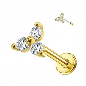 Boucles d'oreilles en forme de fleur avec trois pierres en zircon, bijoux en acier inoxydable doré pour cadeau - Product Image 1