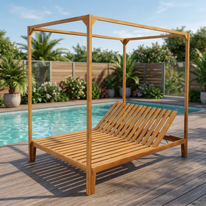 Modern Teak Wood Outdoor Cabana Daybed with Adjustable Slatted Backrest - Product Image 1