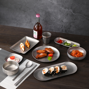 Plateau rectangulaire décoratif en <span class=keywords><strong>acier</strong></span> inoxydable de style coréen rétro et écologique, <span class=keywords><strong>gris</strong></span>, 50 pièces, pour camping et restaurant - Product Image 3