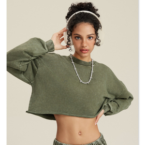 Sudadera Corta de Felpa Francesa Gruesa para Mujer, Teñida en Color Liso, Transpirable, 50% Algodón, 50% Poliéster, Estilo Casual - Product Image 2