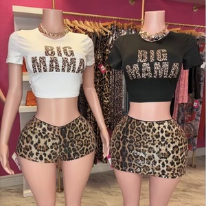 FloralCharm Summer Letter Printed Women's Round Neck T-shirt Leopard Print <strong>Sequin</strong> Women's <strong>Two</strong> <strong>Piece</strong> Shorts <strong>Set</strong> - Product Image 1