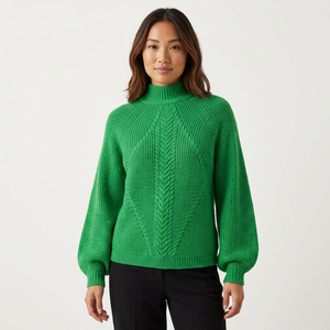 Pull en tricot épais vert à col roulé et manches lanternes pour femme, automne - Product Image 1