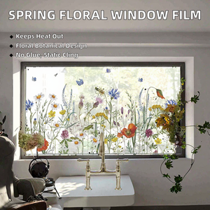 Film adhésif statique pour fenêtre en PVC, motif floral botanique, isolant thermique, sans colle, réutilisable, pour salon - Product Image 2