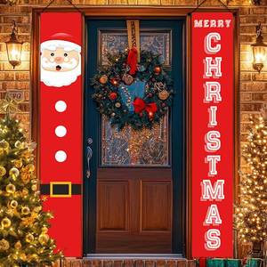 Bannière de Noël en couplet, motif Père Noël, décoration à suspendre pour cadre de porte, en polyester/PVC, longue forme rectangulaire 30*180cm, 2 pièces/ensemble - Product Image 1