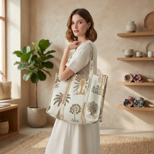 Bohemian Printed Cotton Canvas Tote <b>Bag</b> <b>Large</b> Capacity Rectangle Shape Travel Use Foldable Stitched Design - Product Image 2