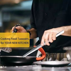 ステンレス鋼のキッチンシェフピンセットは、鋸歯状のヒントで食品ロングトングを設定します調理用食品ピンセット - Product Image 4