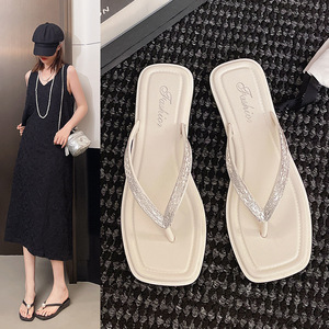 Sandales plates légères d'été pour augmenter la taille, intérieur/extérieur, avec perles brillantes, en toile et PVC, pour femmes - Product Image 1