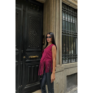 Chaleco de Gamuza con Flecos para Mujer, Color Borgoña, 100% Poliéster, Ropa Exterior - Product Image 5