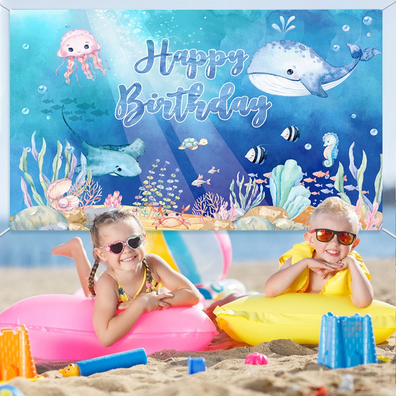 Sfondo Per Festa Sotto Il Mare 185x110 Cm - Banner Oceano Con Squalo, Delfini E Corda Inclusa