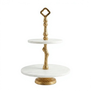 Soporte de Pastel de Mármol de 2 Niveles con Asa Metálica, Bandeja de Exhibición de Postres y Cupcakes, Soporte de Pastel de Boda, Servidor de Lujo - Product Image 1