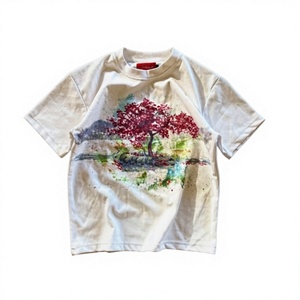 Camiseta Blanca de Manga Corta para Hombre, Cuello Redondo, Estilo Casual, Diseño de Árbol Pintado a Mano, 100% Algodón, Corte Regular, Secado Rápido, 320g - Product Image 1