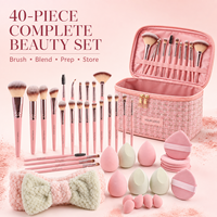 Logo personnalisé 40 pièces Outils de beauté Bandeau pour cheveux Éponge de maquillage pour le visage, les yeux, le blush et la poudre de maquillage Trousse de maquillage Ensemble de pinceaux de maquillage