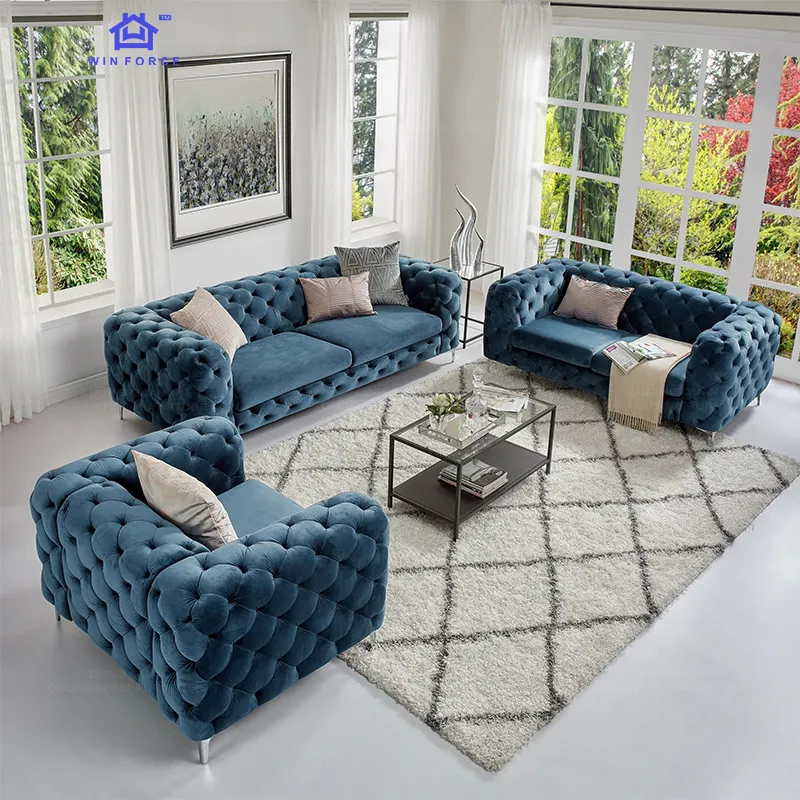 WIN FORCE OEM Luxury Living Room Sofa Furniture European Italian Velvet Sofa Set Couch 1 2 3 Seater Chesterfield Sofa design