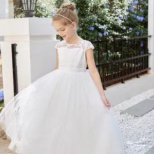 Vestido de baile longo para meninas de 2 a 14 anos, vestido de festa bordado branco para flores e casamentos