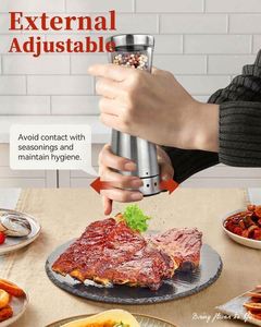 Gravity Adjustable Ceramic Salt and Pepper Grinder Set Plastic <b>Spice</b> <b>Jar</b> Manual Black Pepper Mill with Blue Light and Stand - Product Image 5