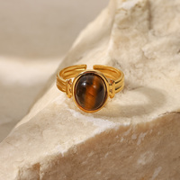 Edelstahl 18 Karat vergoldet breit verstellbar Schmuck Charm Oval Tiger Eye Stone Öffnungs ringe