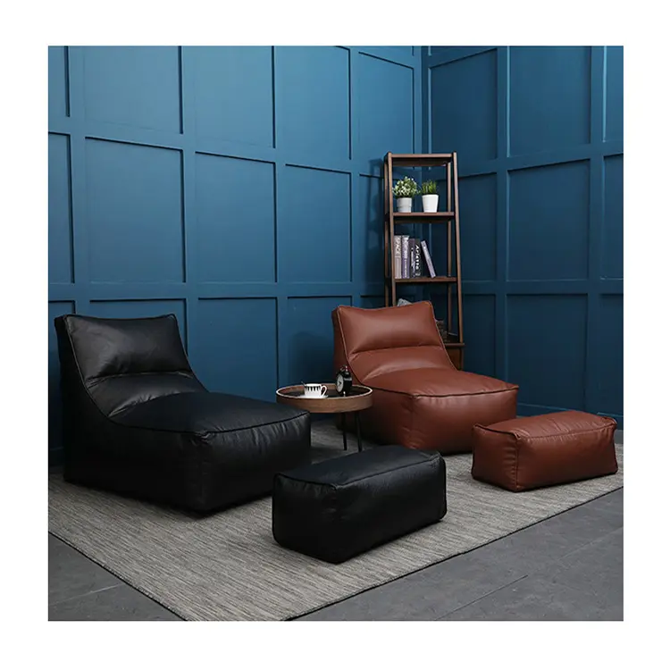 Customized Wholesale Beanbag Furniture Tan L Shape Faux Leather Lounge Set Bean Bag Sofa Chair With Epp Beans