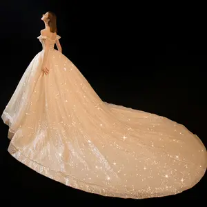 Kralen Franse Kant Unieke Bridal Jurken Baljurk Gold Metallic Trouwjurk Bruidsjurken Elegante Bruids Maxi Jurk Pakistaanse