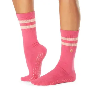 Hot Pink Women Cotton Cushioned Athletic Sport Crew Workout Grip Pilates Embroidery Socks
