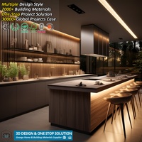 Gabinetes de Cocina Modernos de Primera Calidad con Acabado en Madera, Luz LED Lineal e Isla con Fregadero, Suministro Integral de Muebles de Cocina