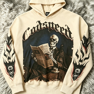 Felpa con Cappuccio Vintage Effetto Lavato - Stampa Scheletro e Giornale Gotico Godspeed, Felpa Corta Streetwear per Uomo e Donna - Product Image 3