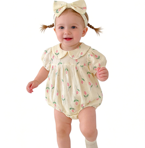 Body de Algodón con Estampado Floral para Bebés Niñas, Cuello Redondo, Manga Corta, Lazo, Estilo Europeo y Americano, Transpirable, Traje de Verano - Product Image 2