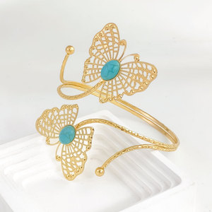 Gold Plated Butterfly <b>Cuff</b> Bracelets With Turquoise Stone Women's Bohemia Style Statement <b>Arm</b> Jewelry - Product Image 4